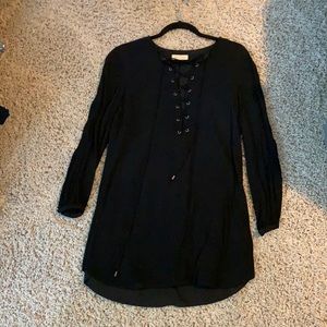 black dress with criss cross front
